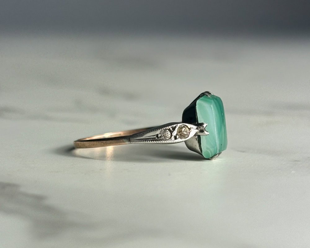 Art Deco green agate and diamond ring in silver and 9ct gold for sale