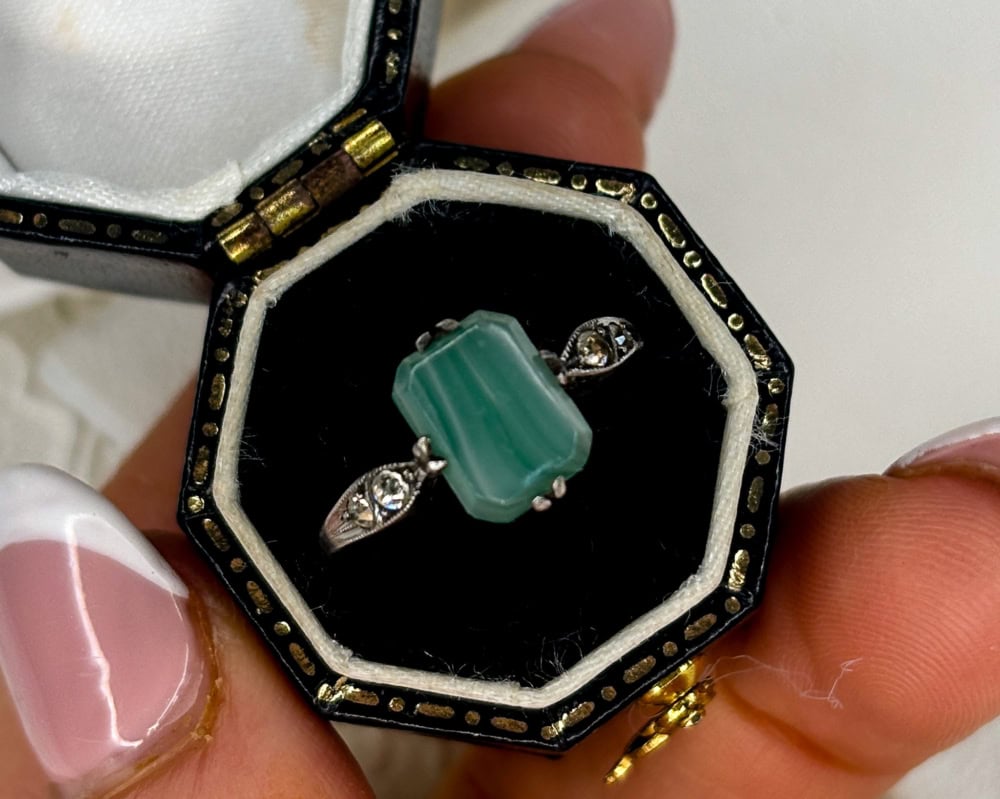 Art Deco green agate and diamond ring in silver and 9ct gold for sale