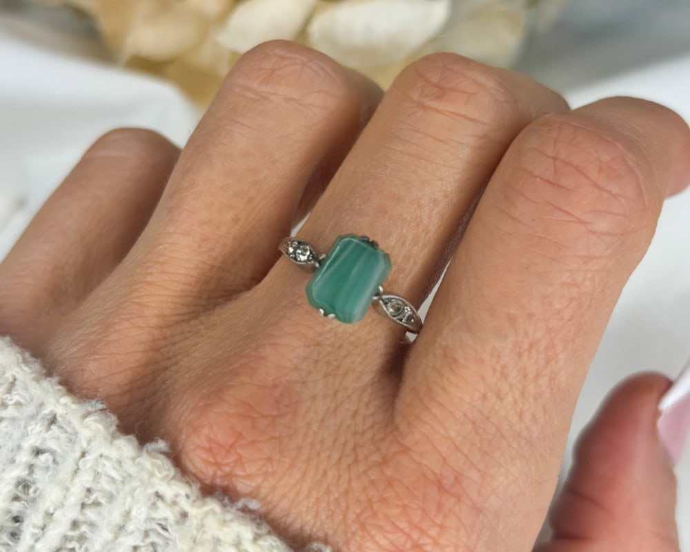 Art Deco green agate and diamond ring in silver and 9ct gold for sale