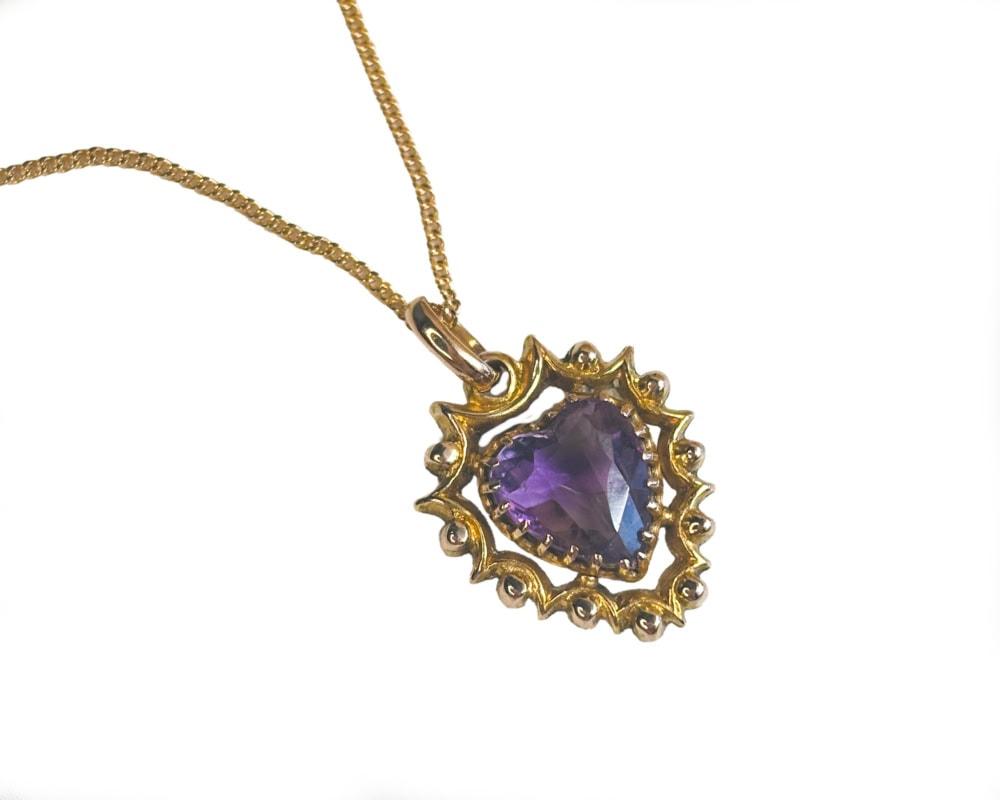 antique amethyst heart pendant in 9ct gold for sale