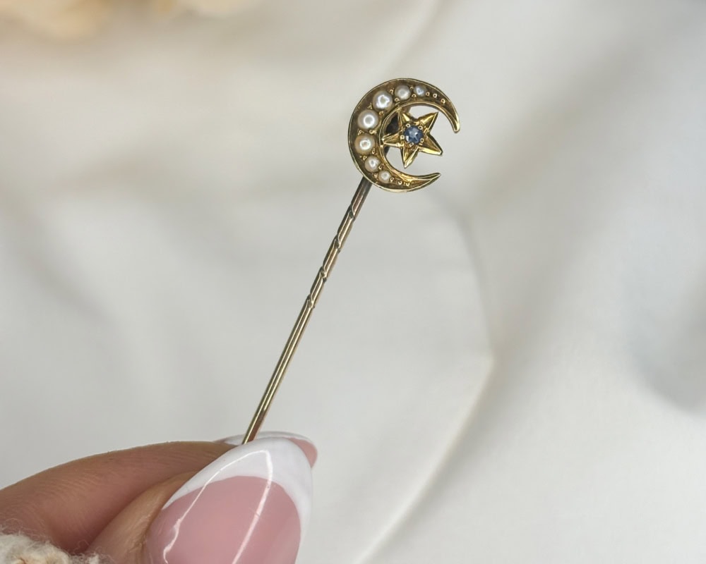 IMG_8372 antique Edwardian celestial stickpin in 15ct gold, sapphire and seed pearls for sale