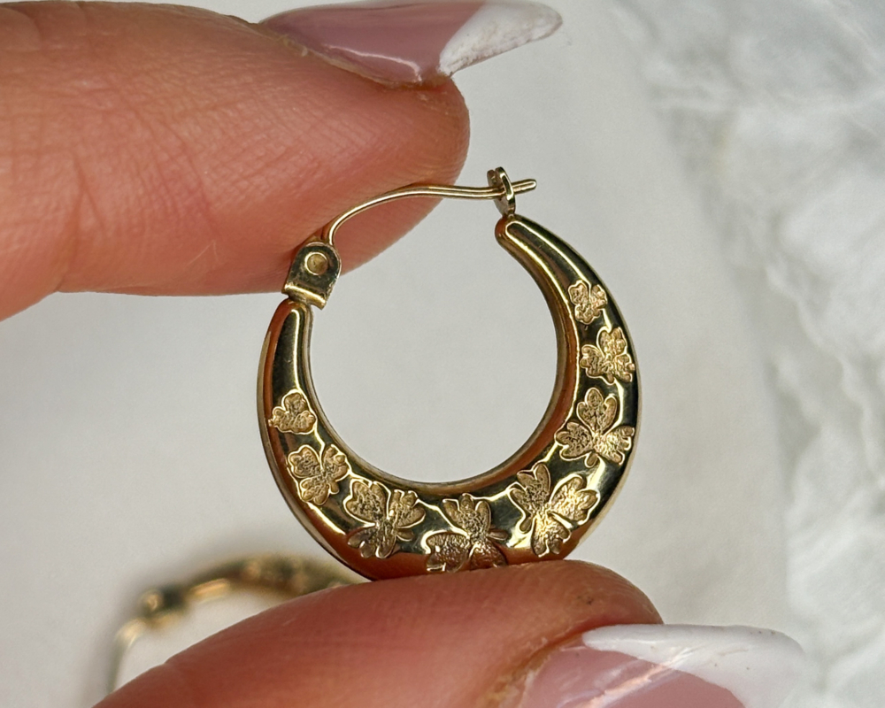 vintage 9ct gold hoops with engraved shamrock detail for sale