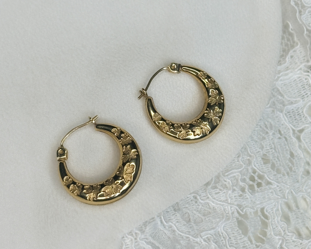 vintage 9ct gold hoops with engraved shamrock detail for sale