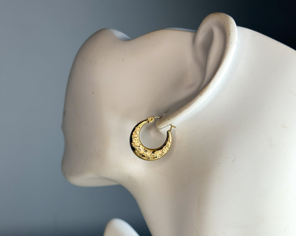 vintage 9ct gold hoops with engraved shamrock detail for sale