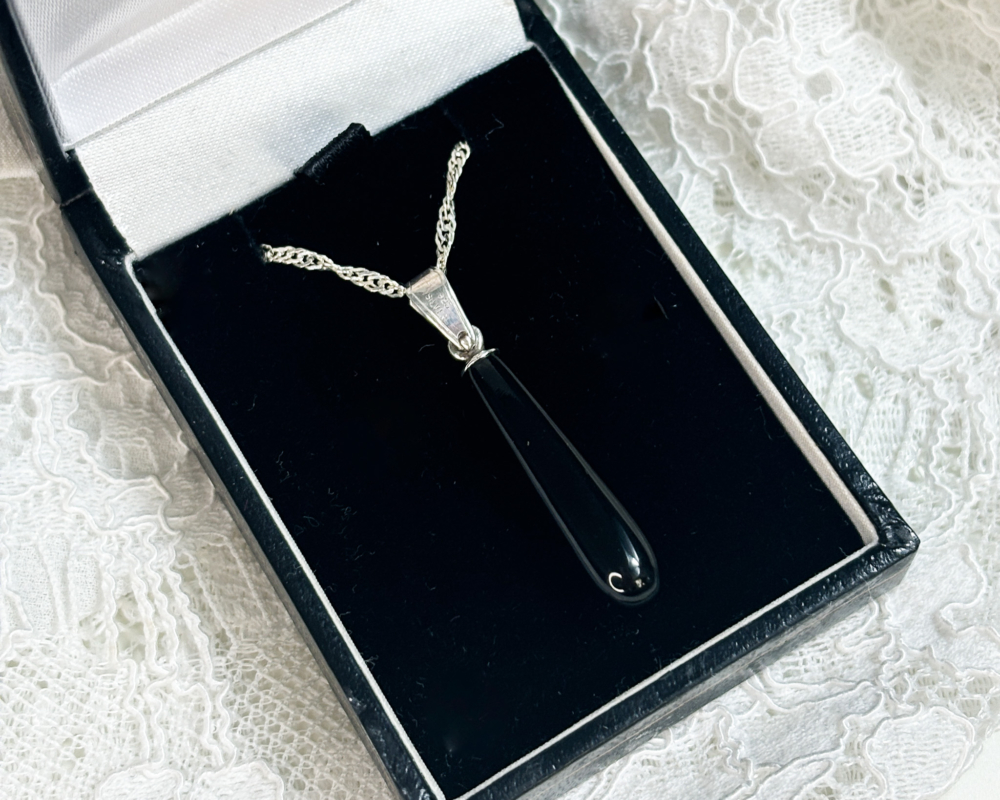 silver and whitby jet pendant and silver chain for sale in Leeds