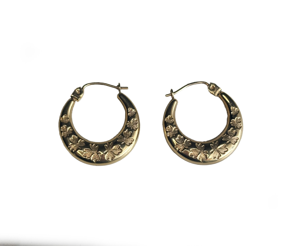vintage 9ct gold hoops with engraved shamrock detail for sale