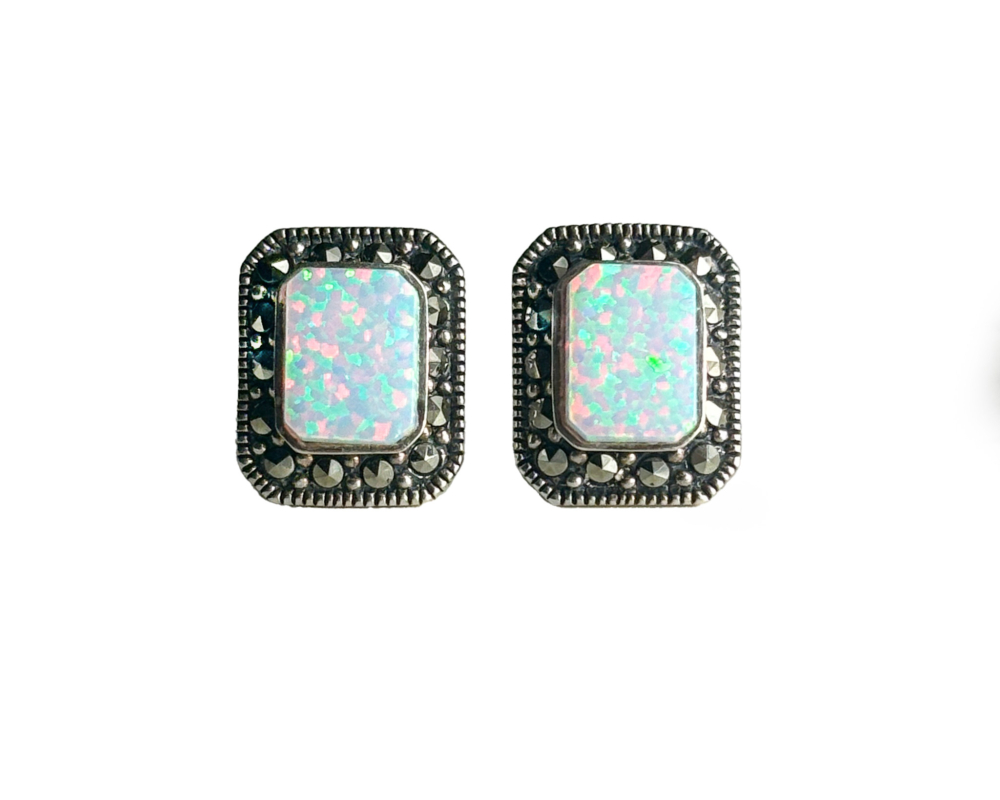 art deco style silver, opal and marcasite stud earrings for sale