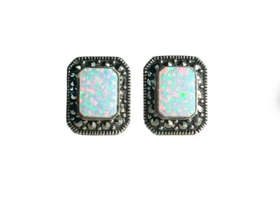 art deco style silver, opal and marcasite stud earrings for sale
