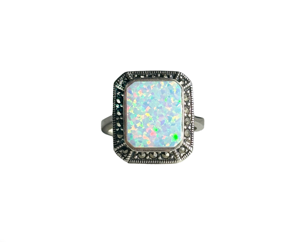 art deco style silver opal and marcasite ring for sale