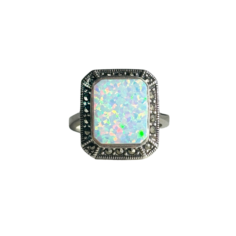 art deco style silver opal and marcasite ring for sale