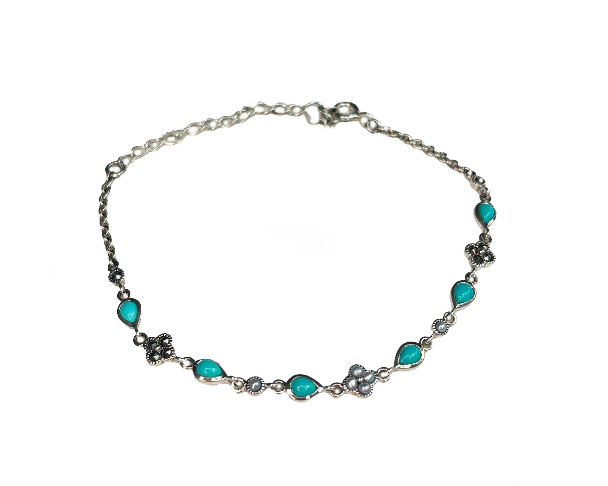vintage style silver, turquoise, seed pearl and marcasite bracelet