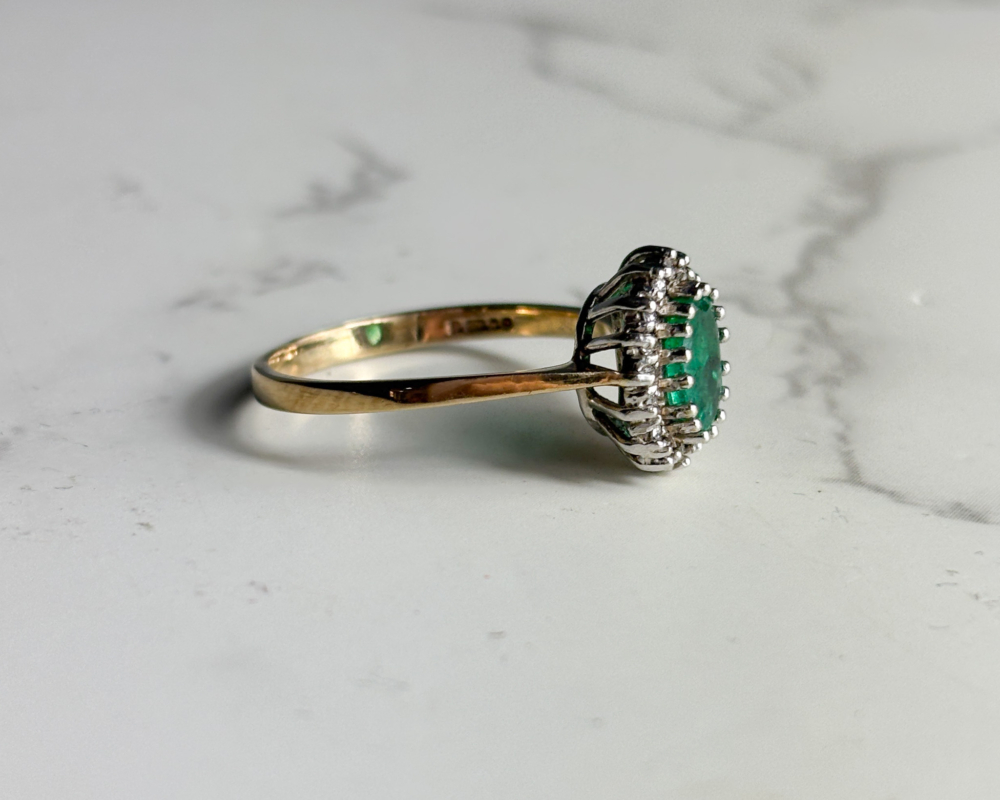 vintage 9ct gold emerald and diamond cluster ring for sale