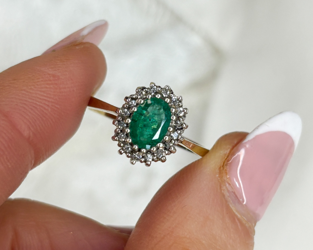 vintage 9ct gold emerald and diamond cluster ring for sale