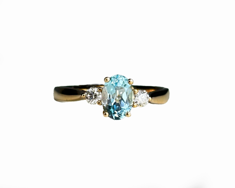 antique style blue topaz and diamond three stone ring for sale