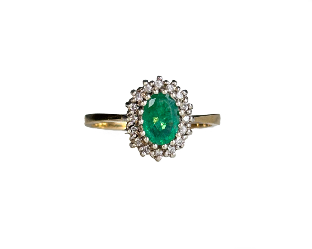 vintage 9ct gold emerald and diamond cluster ring for sale