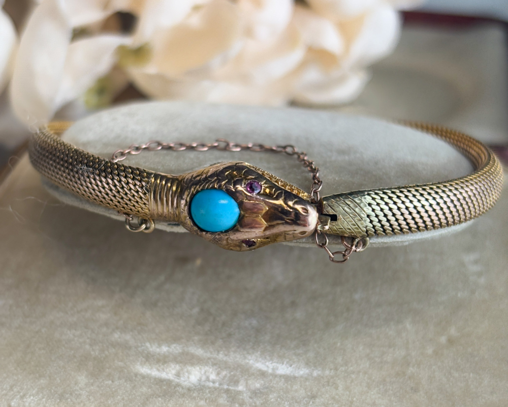 antique Victorian 9ct gold snake bracelet with turquoise head for sale in Leeds