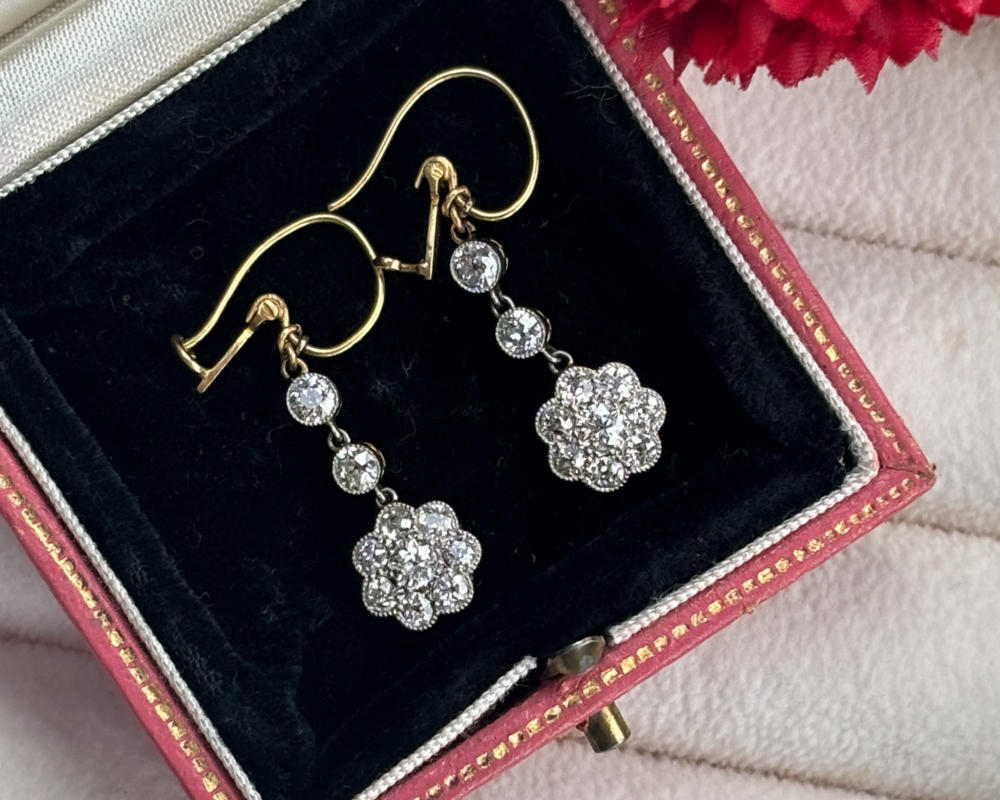 art deco diamond daisy drop earrings in 18ct gold for sale in Leeds