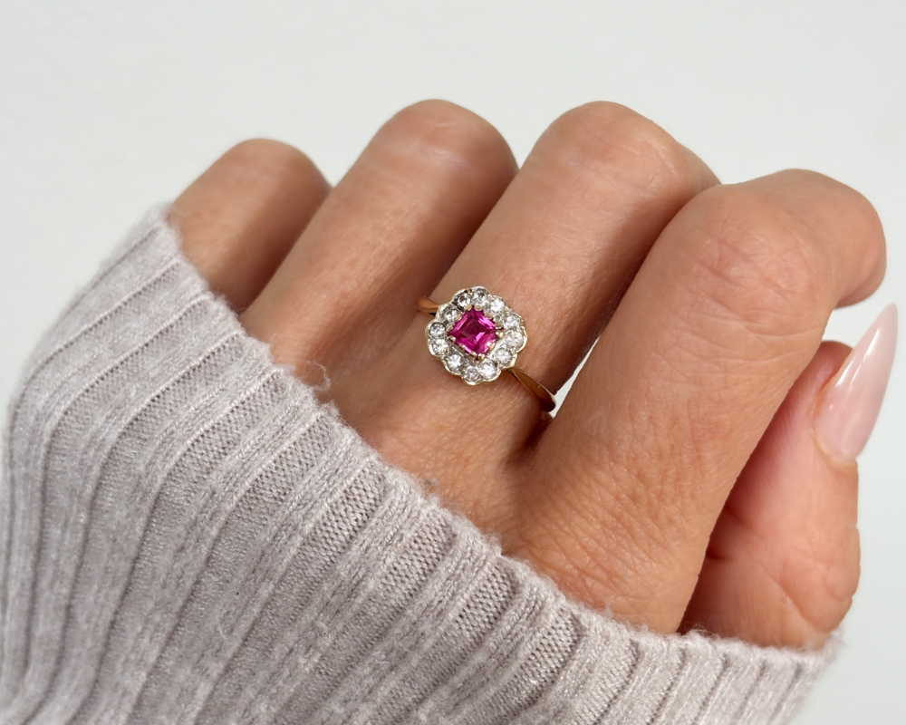 vintage pink paste cluster ring with cubic zironia halo in 9ct gold