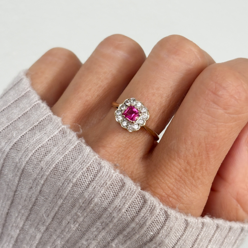 vintage pink paste cluster ring with cubic zironia halo in 9ct gold