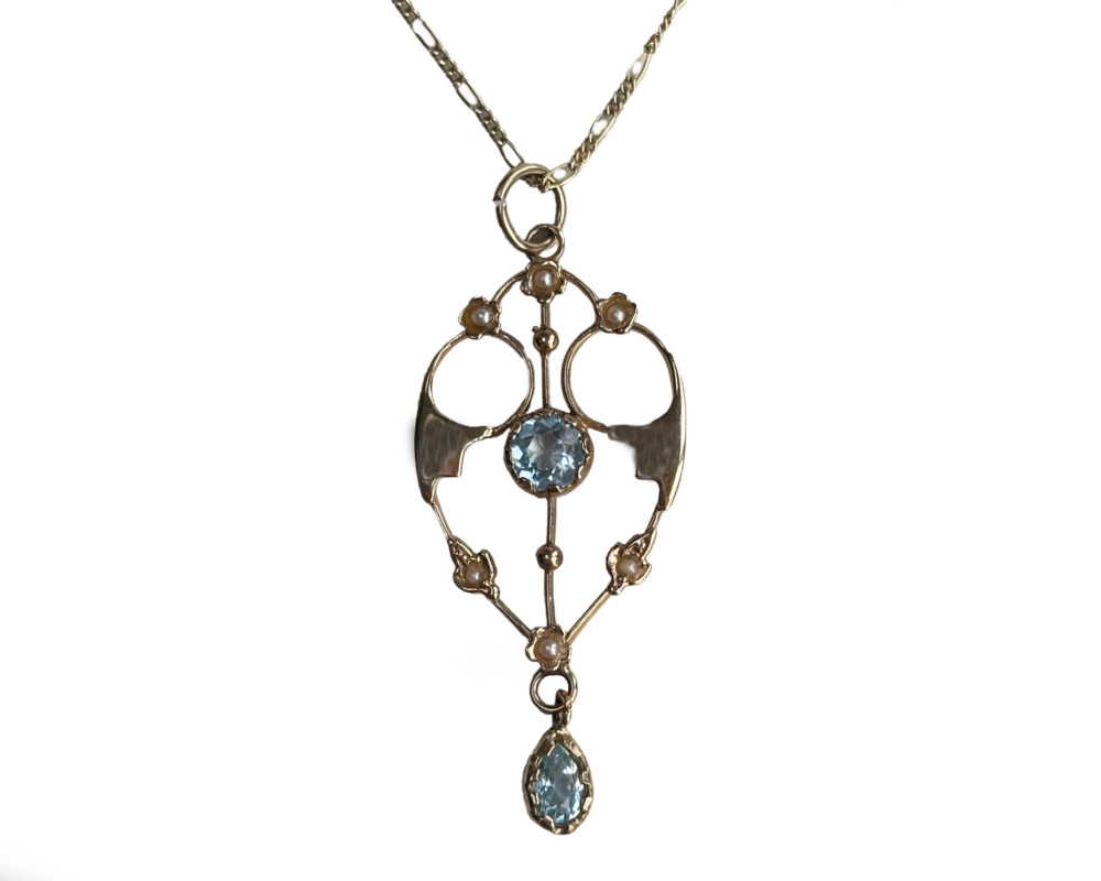 9ct gold, aquamarine and seed pearl Edwardian style pendant