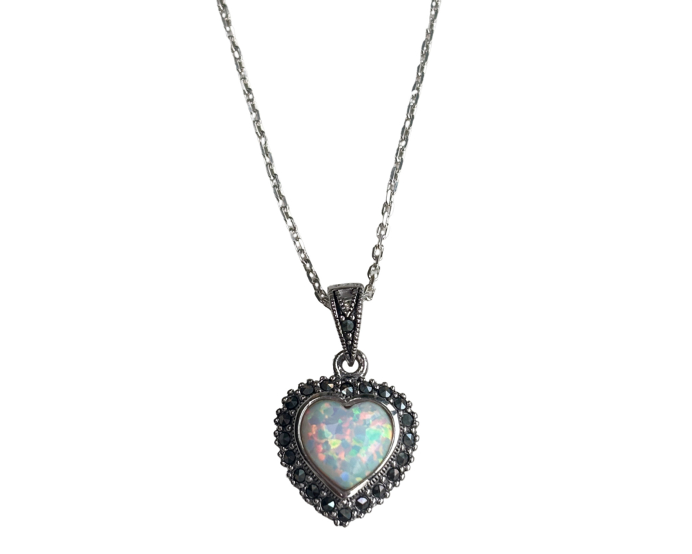 marcasite opal heart pendant photoshop vintage style silver, marcasite and opal heart shaped pendant for sale in the UK