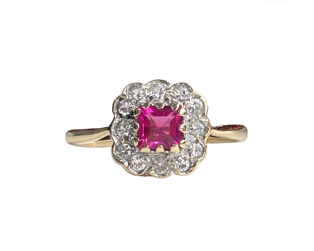 ruby 111 vintage pink paste cluster ring with CZ stones in 9ct gold