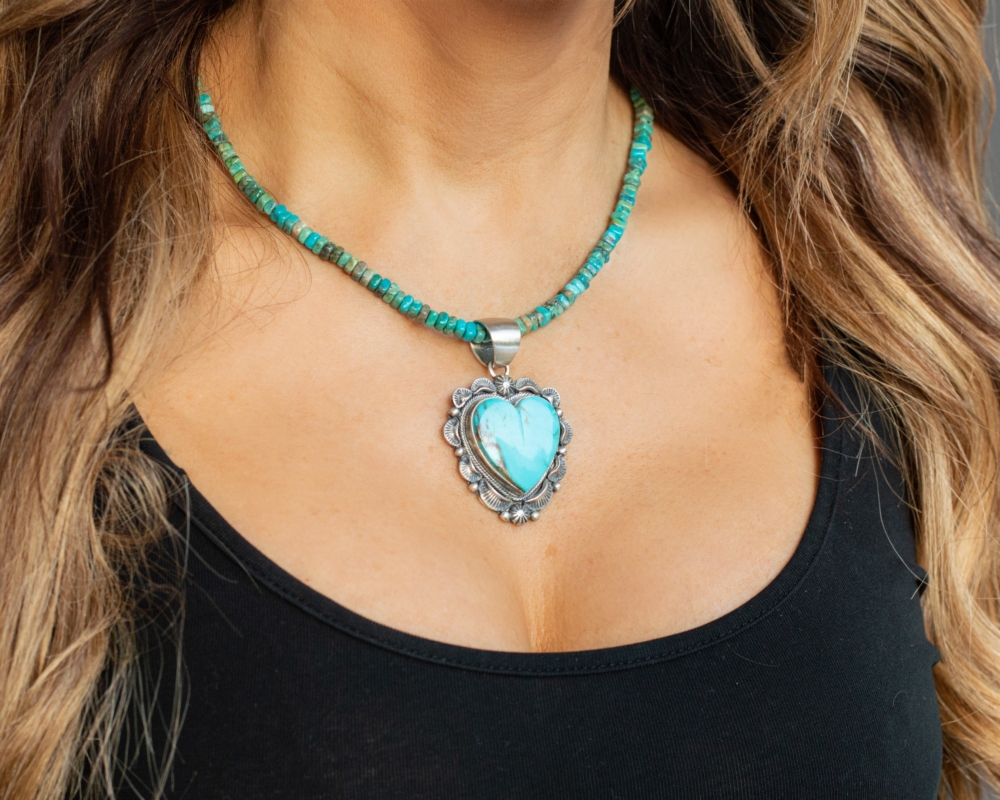 turq heart2 silver and turquoise Navajo heart pendant and beaded turquoise chain for sale