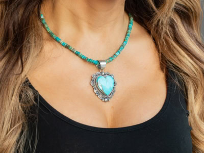 silver and turquoise Navajo heart pendant and beaded turquoise chain for sale