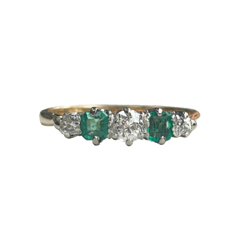 antique Art Deco emerald and diamond five stone ring for sale in Leeds