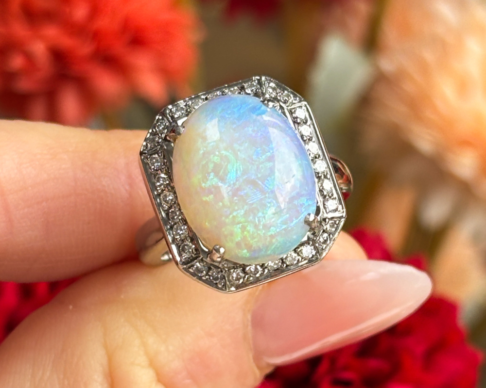 IMG_4798 fabulous opal and diamond cocktail ring in 18ct white gold for sale in Leeds