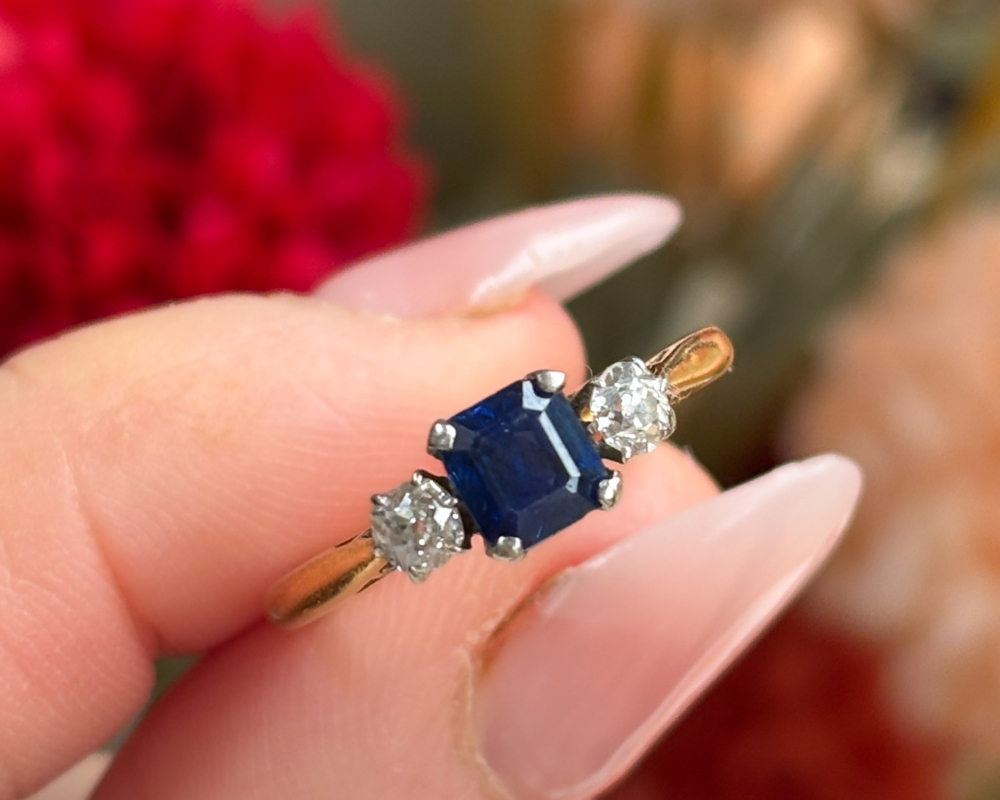 antique 1920s sapphire and diamond three stone ring for sale in Leeds