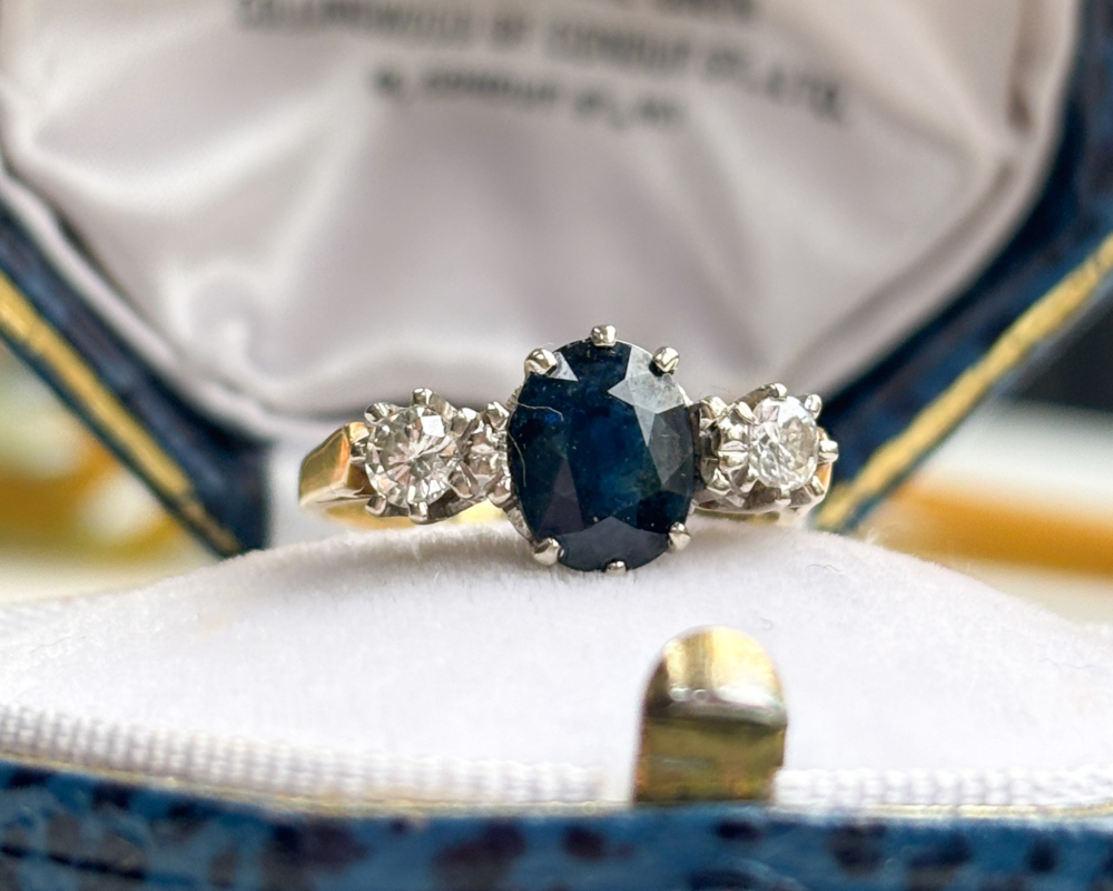 vintage three stone sapphire and diamond ring for sale