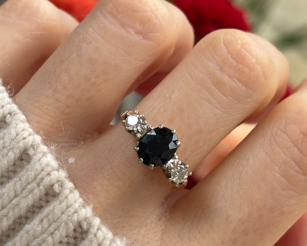 vintage three stone sapphire and diamond ring for sale