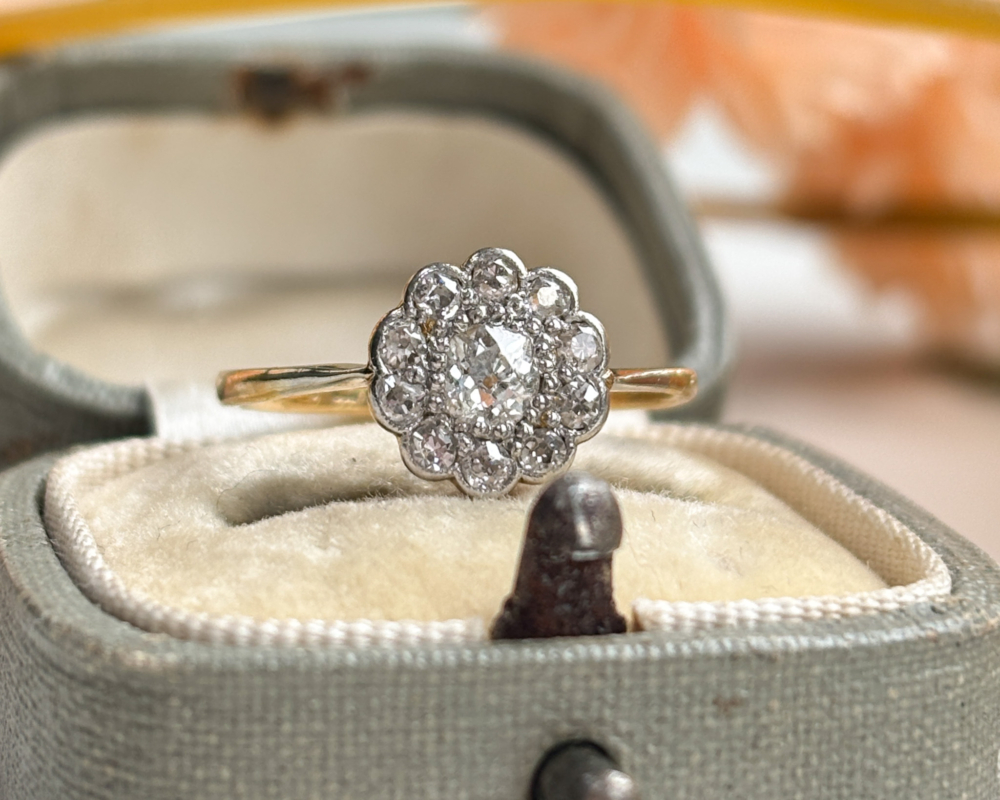 art deco diamond daisy cluster ring for sale in Leeds, UK