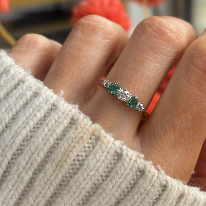 antique Art Deco emerald and diamond five stone ring for sale in Leeds