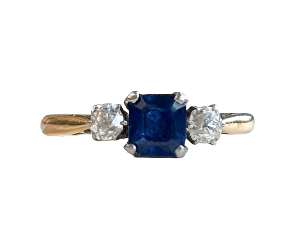 cornflower 2 antique sapphire and diamond three stone ring for sale