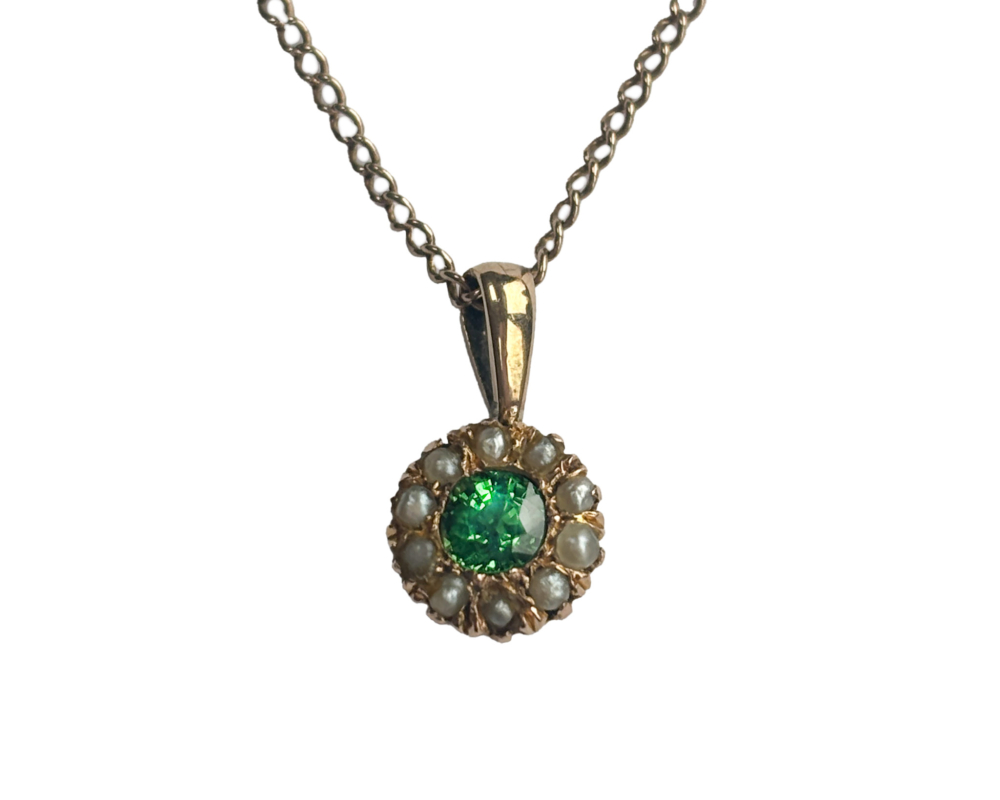 antique Victorian gold, green garnet and seed pearl pendant on 16 inch 9ct gold chain for sale