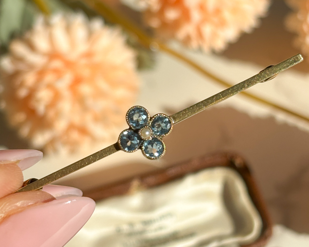 antique Victorian aquamarine and seed pearl floral brooch in 15ct gold for sale