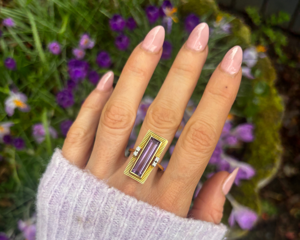1950s amethyst and diamond statement ring for sale in Leeds, UK