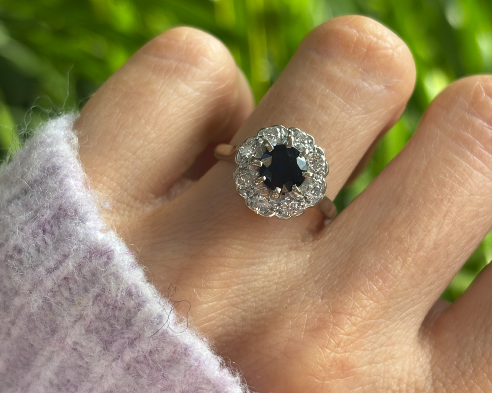 1940s sapphire and diamond cluster ring in 18ct white gold for sale in Leeds, UK
