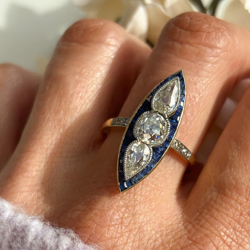 antique French Edwardian sapphire and diamond navette ring approx 2ct diamonds, calibre cut sapphire 18ct yellow gold heirloom piece, statement engagement ring for sale in Leeds, UK