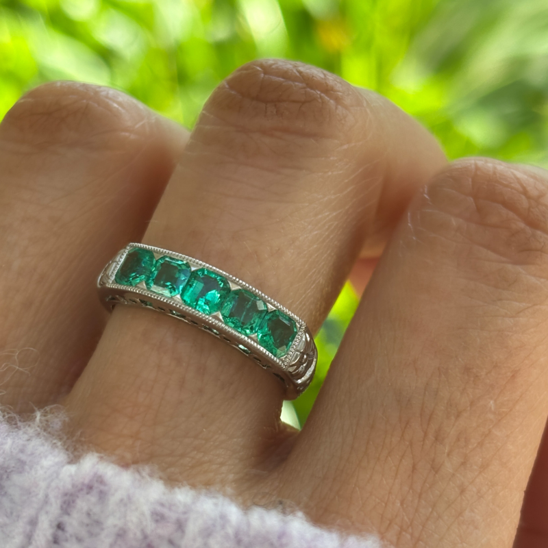 vintage style platinum and emerald half eternity ring for sale in Leeds, UK