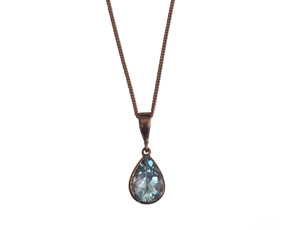 modern 9ct aquamarine pear shaped pendant and chain for sale