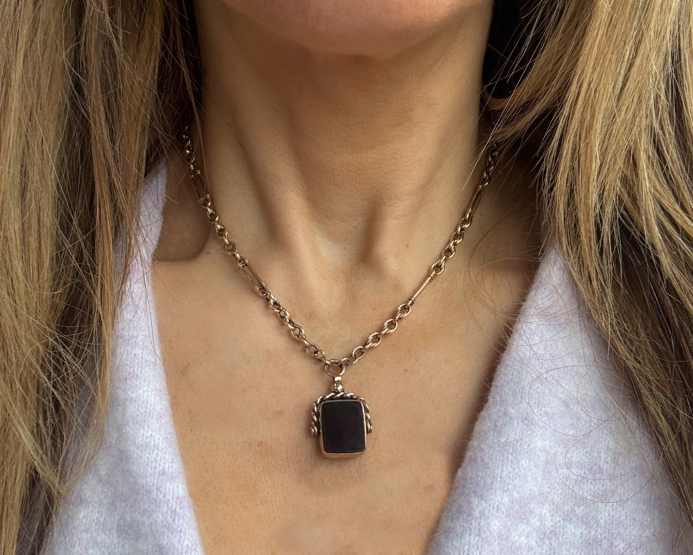 antique Edwardian 9ct gold chain with reversible spinning fob for sale in Leeds, UK