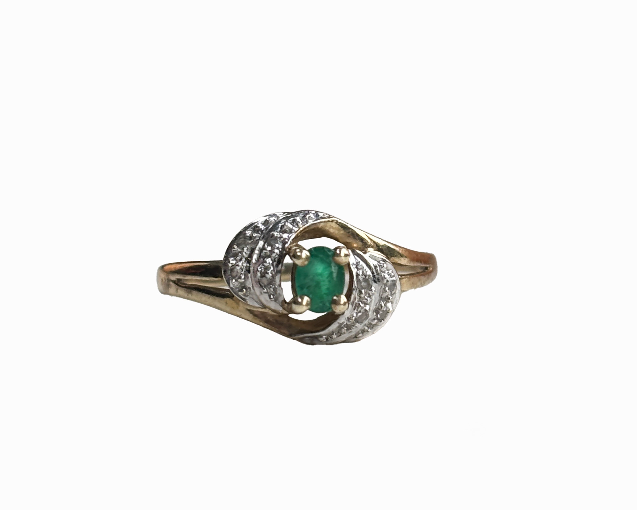 vintage 9ct gold emerald and diamond swirl ring for sale UK