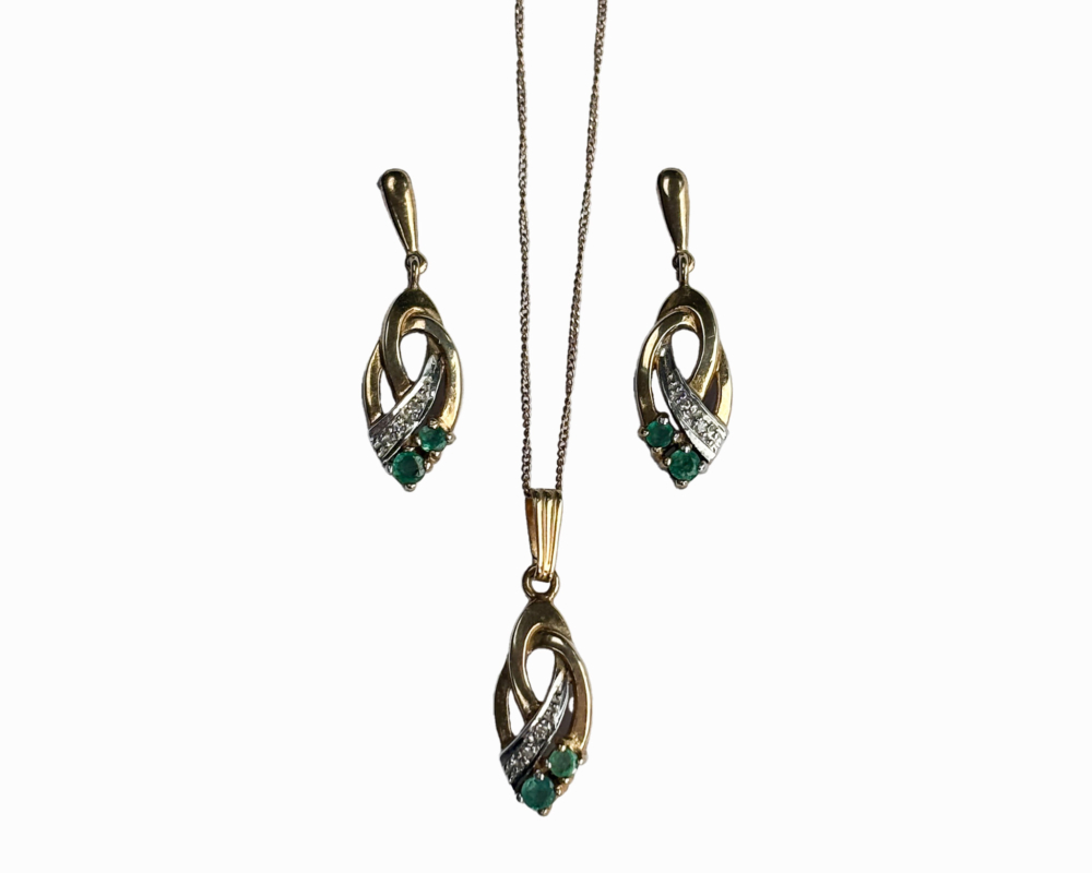 vintage emerald and diamond drop earrings and matching pendant for sale