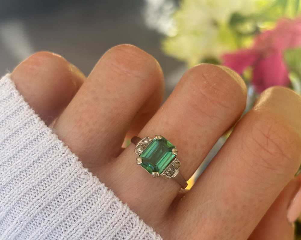 antique 1920s Art Deco green tourmaline and diamond ring for sale in Leeds, Yorkshire