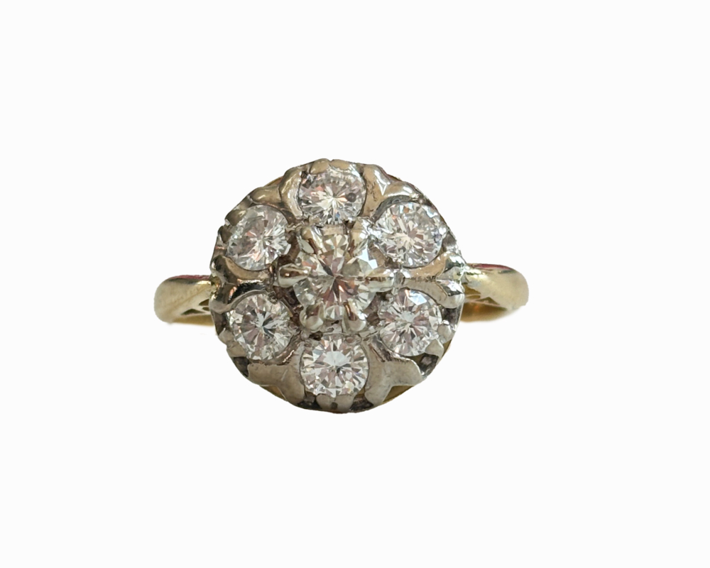 mid century diamond daisy cluster ring in 18ct yellow gold for sale in Leeds, Yorkshire