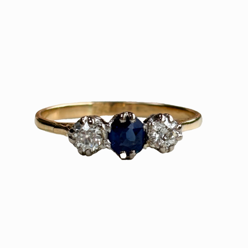 antique 1930s sapphire and diamond three stone ring for sale in Leeds, Yorkshire set in 18ct yellow gold