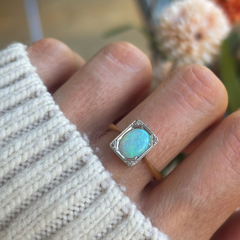 antique Art Deco opal and diamond ring with rectangular setting for sale in Leeds, Yorkshire